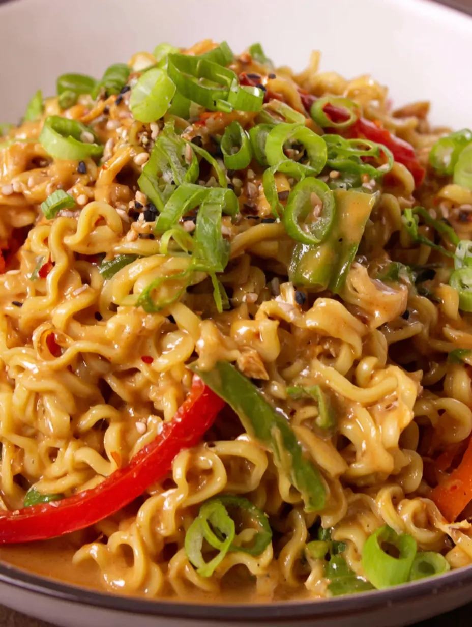 A bowl of noodles with peanut butter sauce and vegetables.