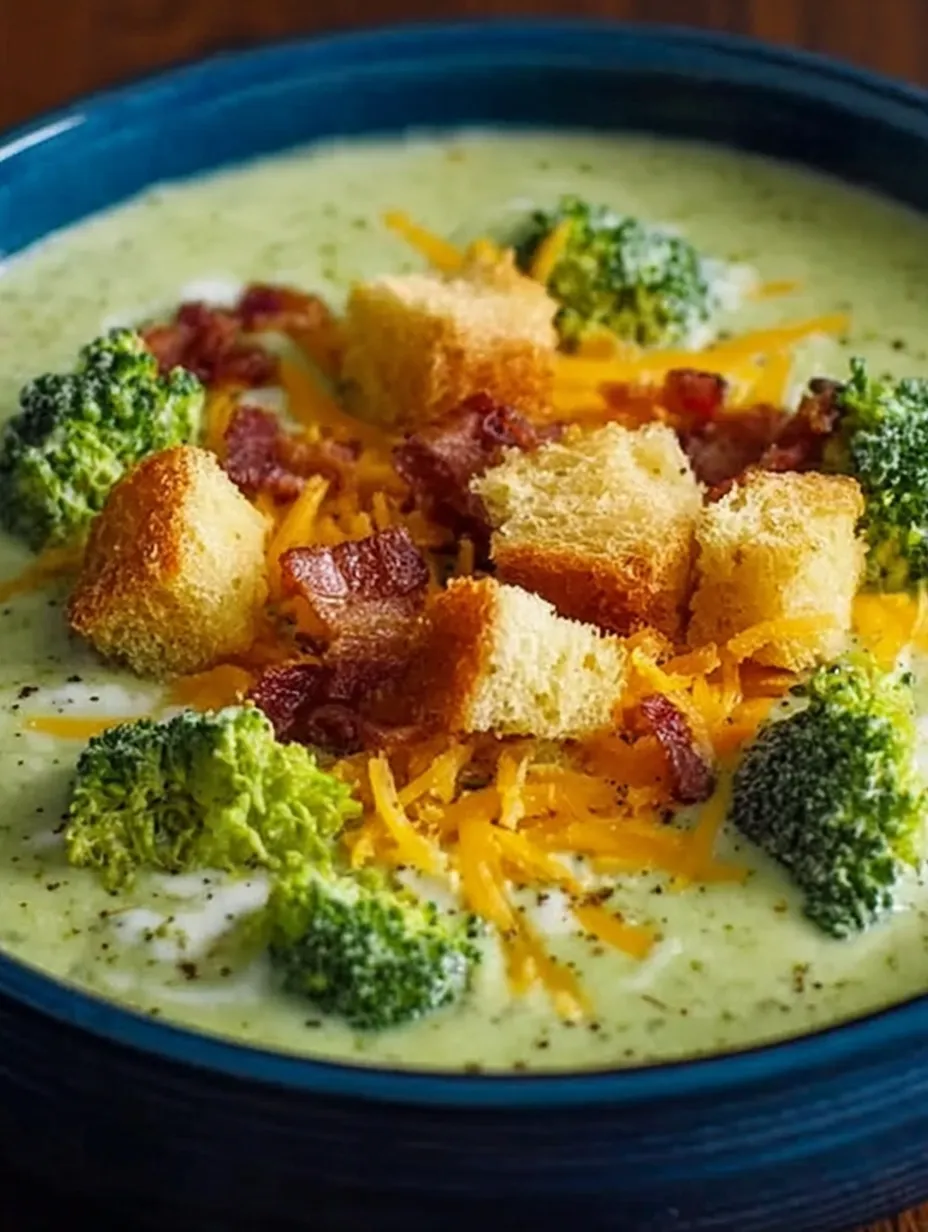 A bowl of soup with bacon and broccoli.