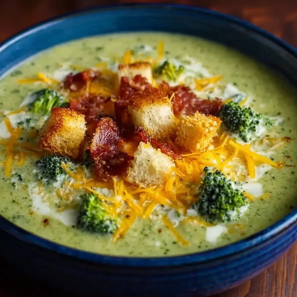 A bowl of soup with broccoli and bacon.