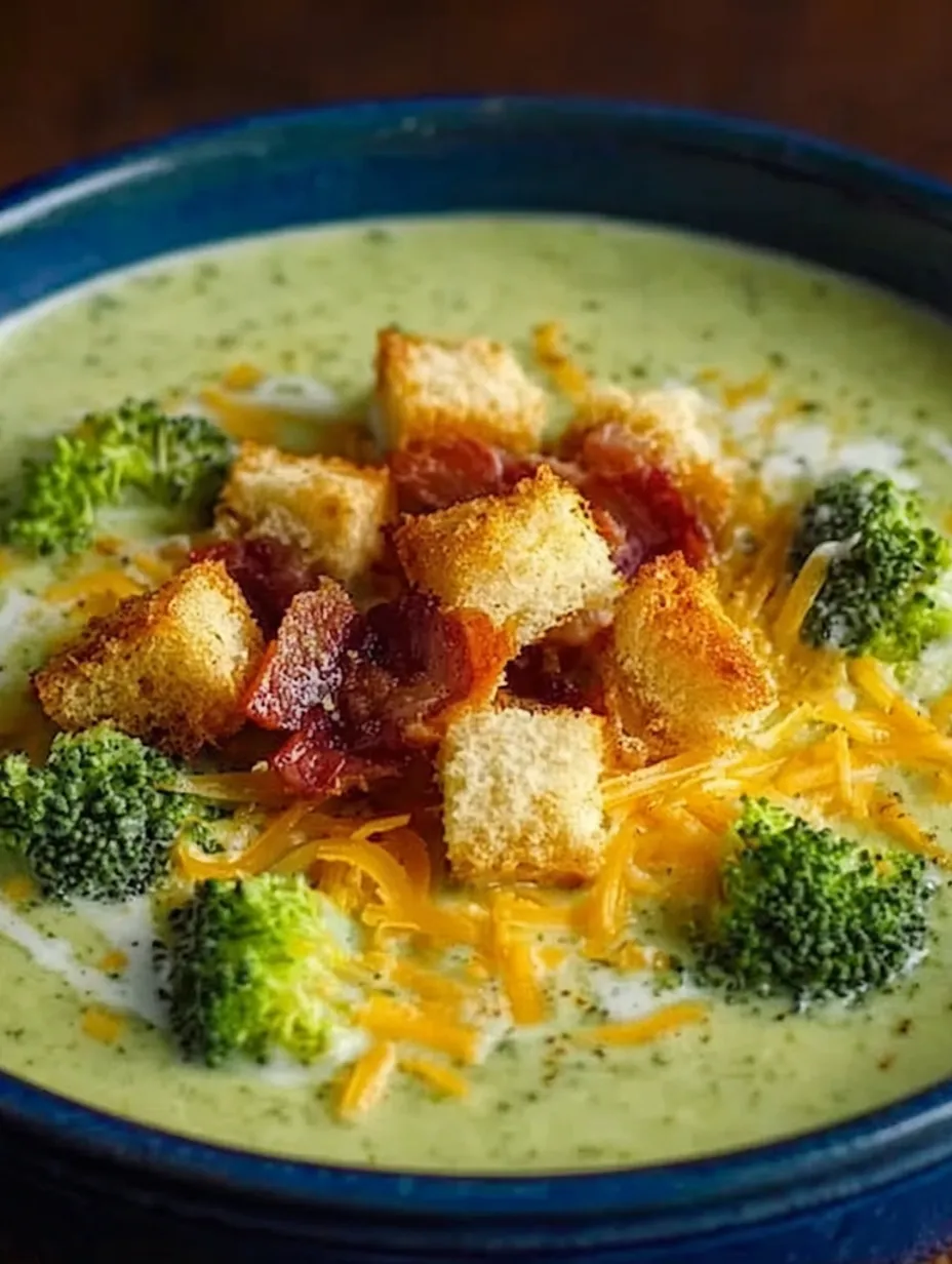 A bowl of soup with broccoli and bacon.