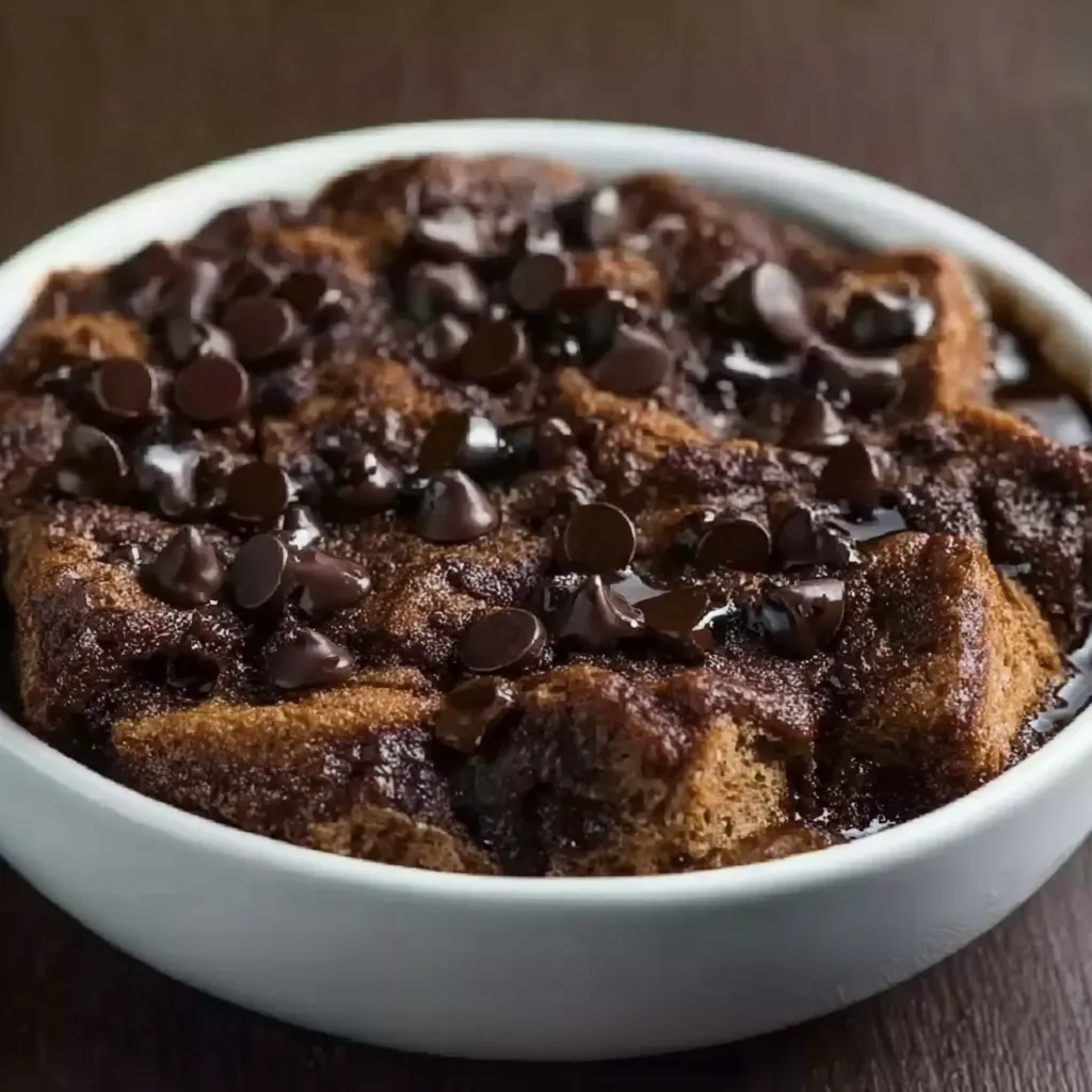 A bowl of chocolate bread pudding.