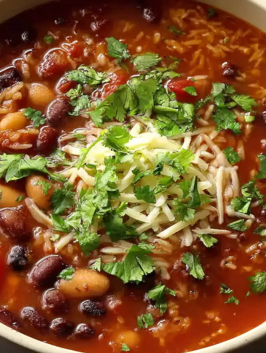 A bowl of bean soup with rice on top.
