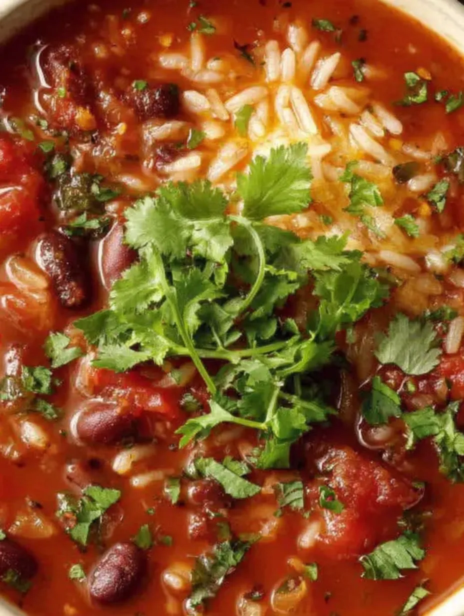 A close up of a bowl of Tex-Mex bean soup with rice.