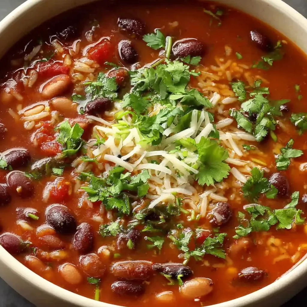 A bowl of soup with beans, rice, and cheese.