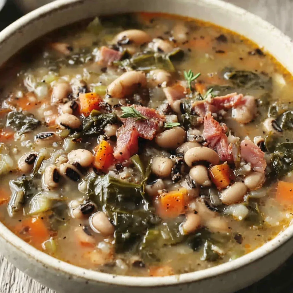 A bowl of soup with black-eyed peas and greens.