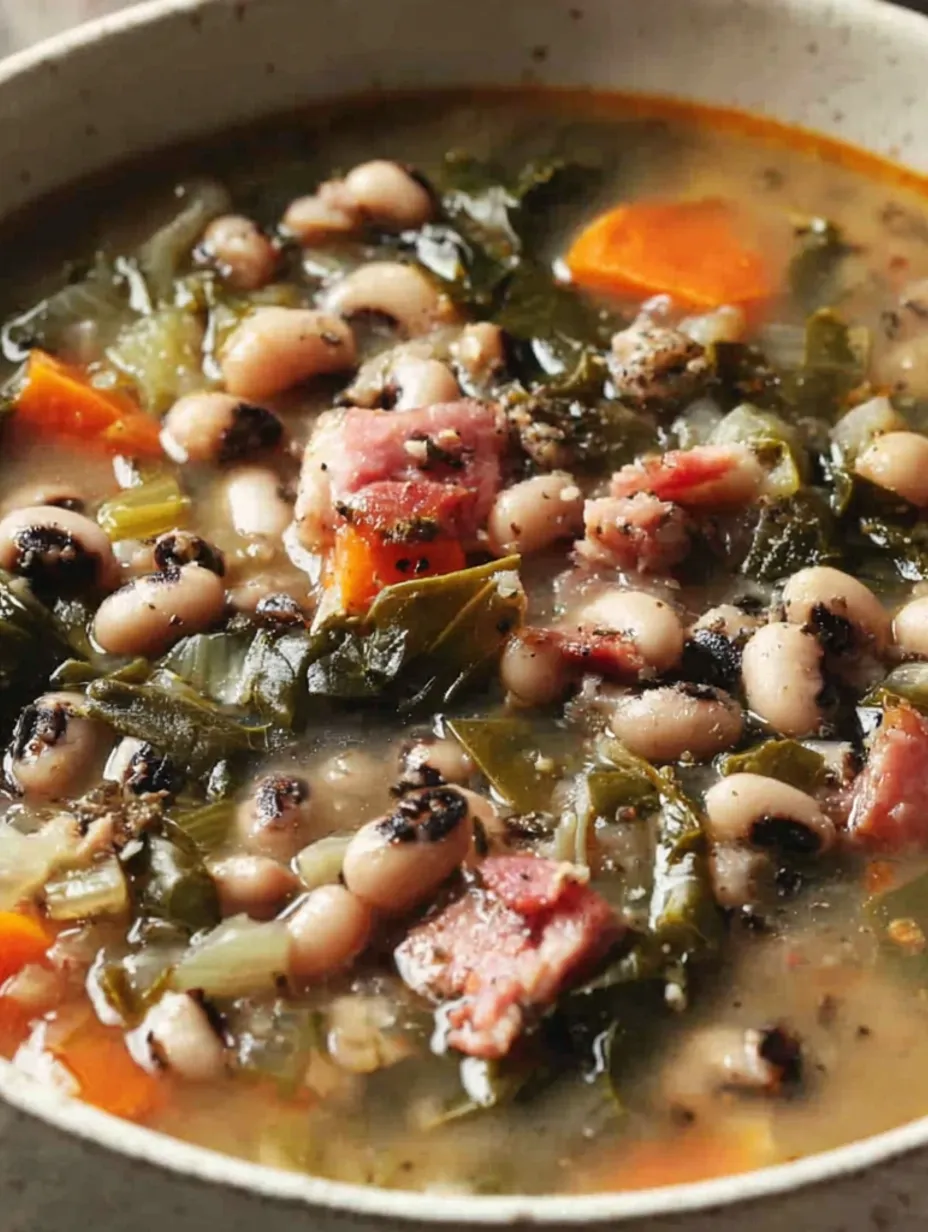 A bowl of black-eyed pea soup with meat and greens.