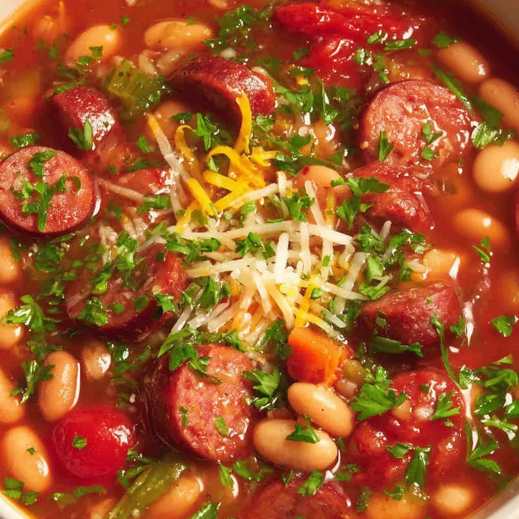A bowl of soup with sausage and beans.