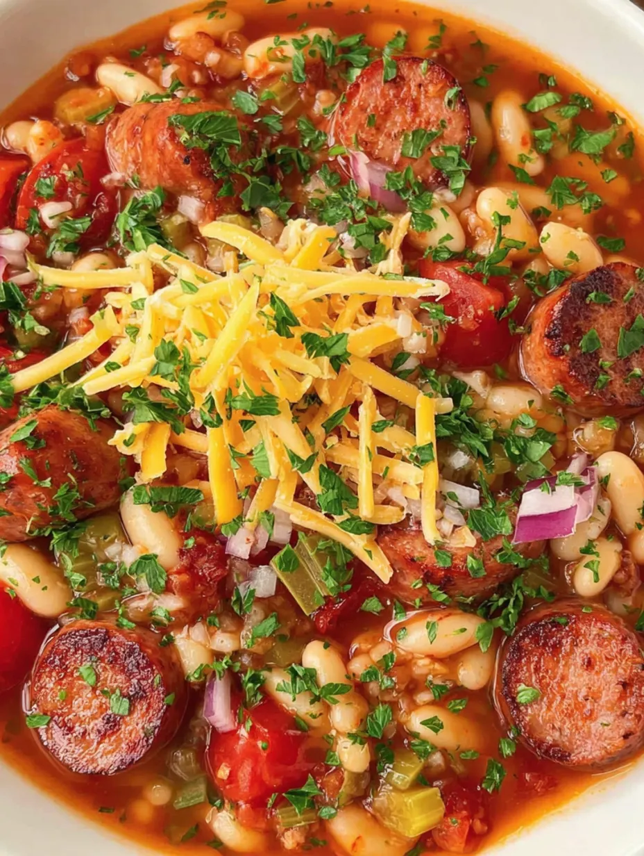 A close up of a bowl of smoked sausage and baked bean soup.