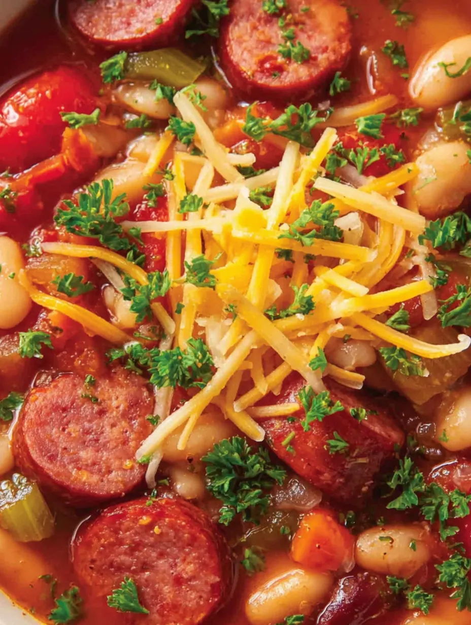 A bowl of soup with sausage and beans.