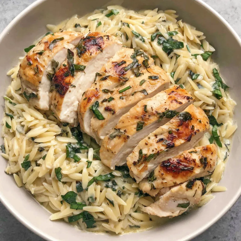 A bowl of chicken with orzo.