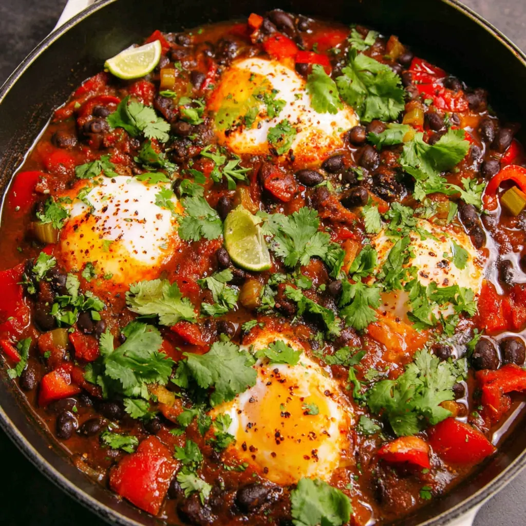 A bowl of spicy black bean soup with poached eggs.