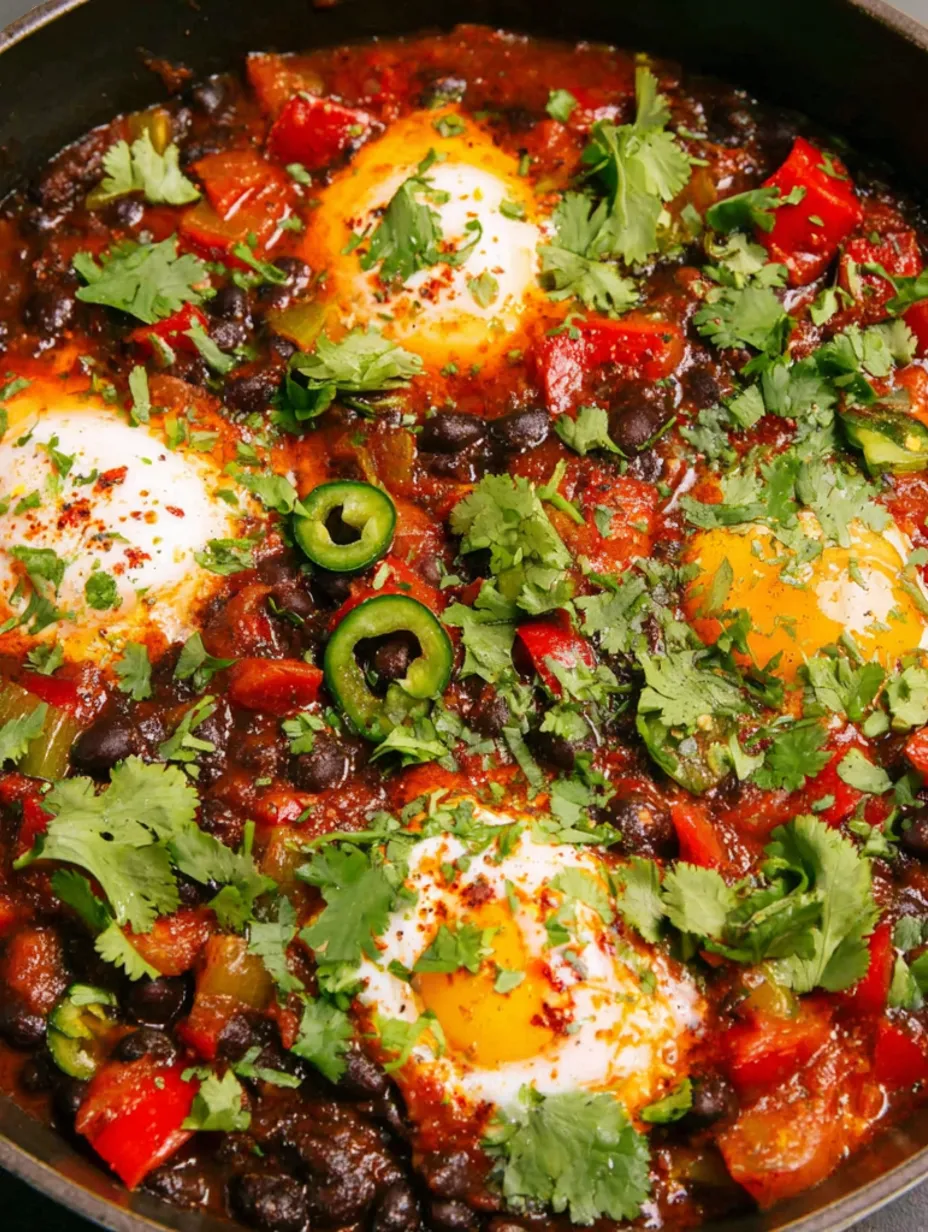 A bowl of spicy black bean soup with poached eggs.