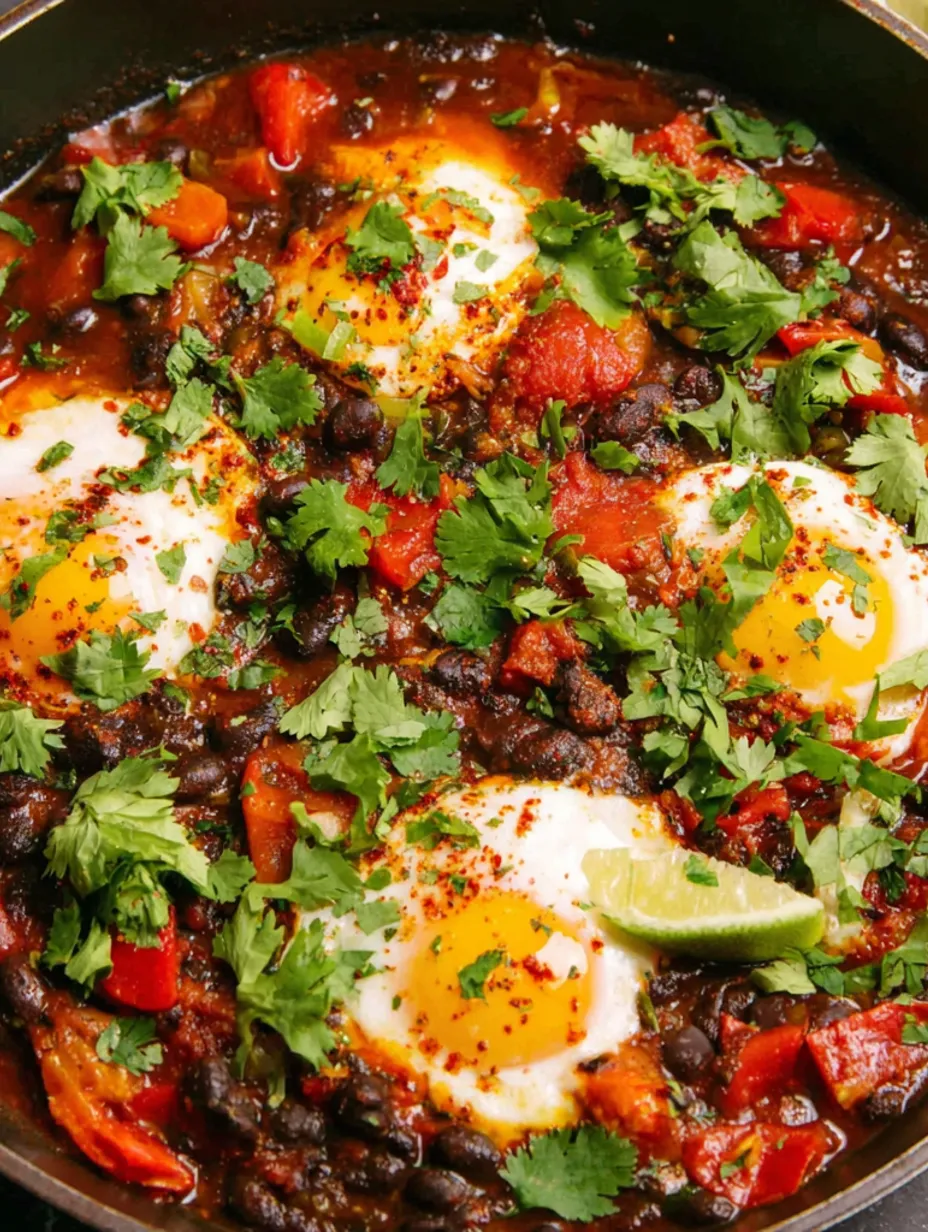 A bowl of spicy black bean soup with poached eggs.