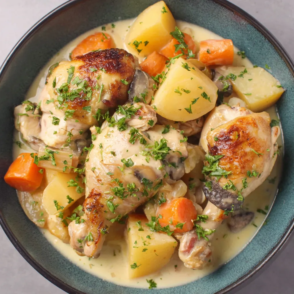 A bowl of chicken stew with carrots and potatoes.