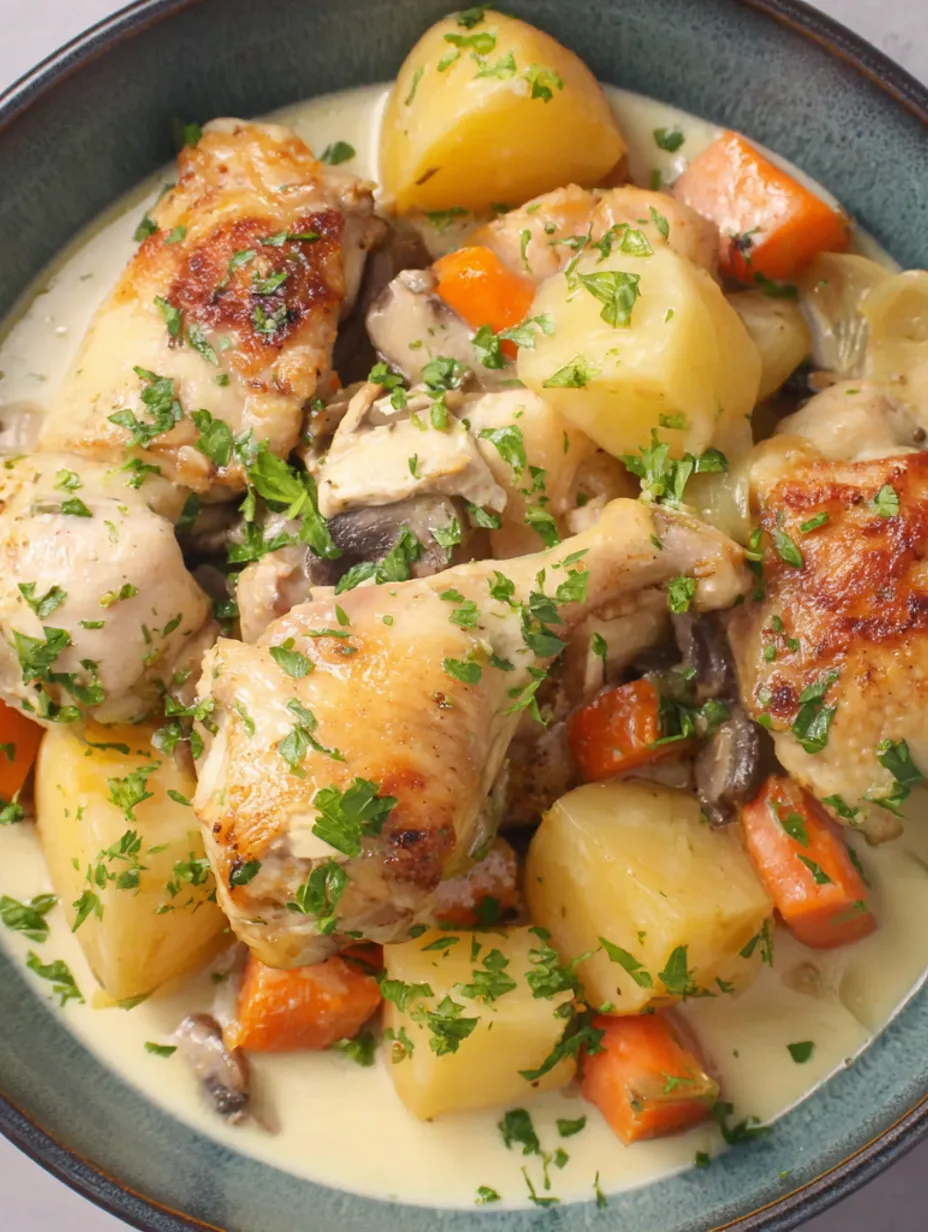 A bowl of chicken stew with carrots and mushrooms.
