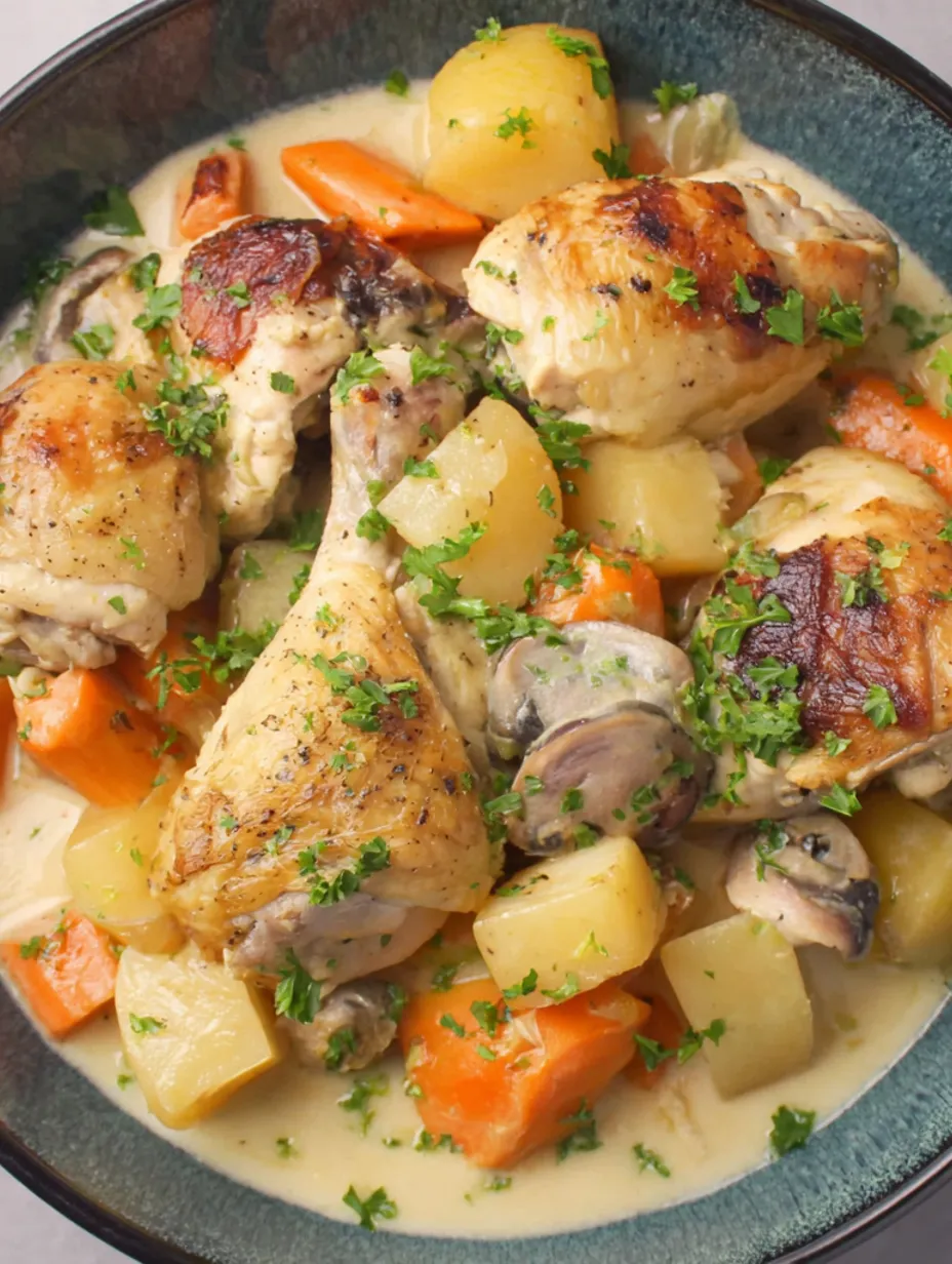 A bowl of chicken stew with mushrooms and carrots.