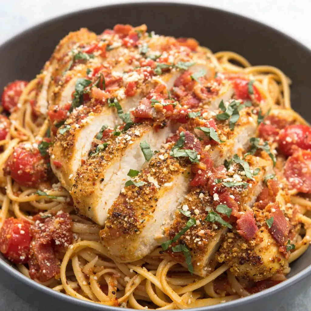 A bowl of Parmesan chicken linguini with Sunday sauce.