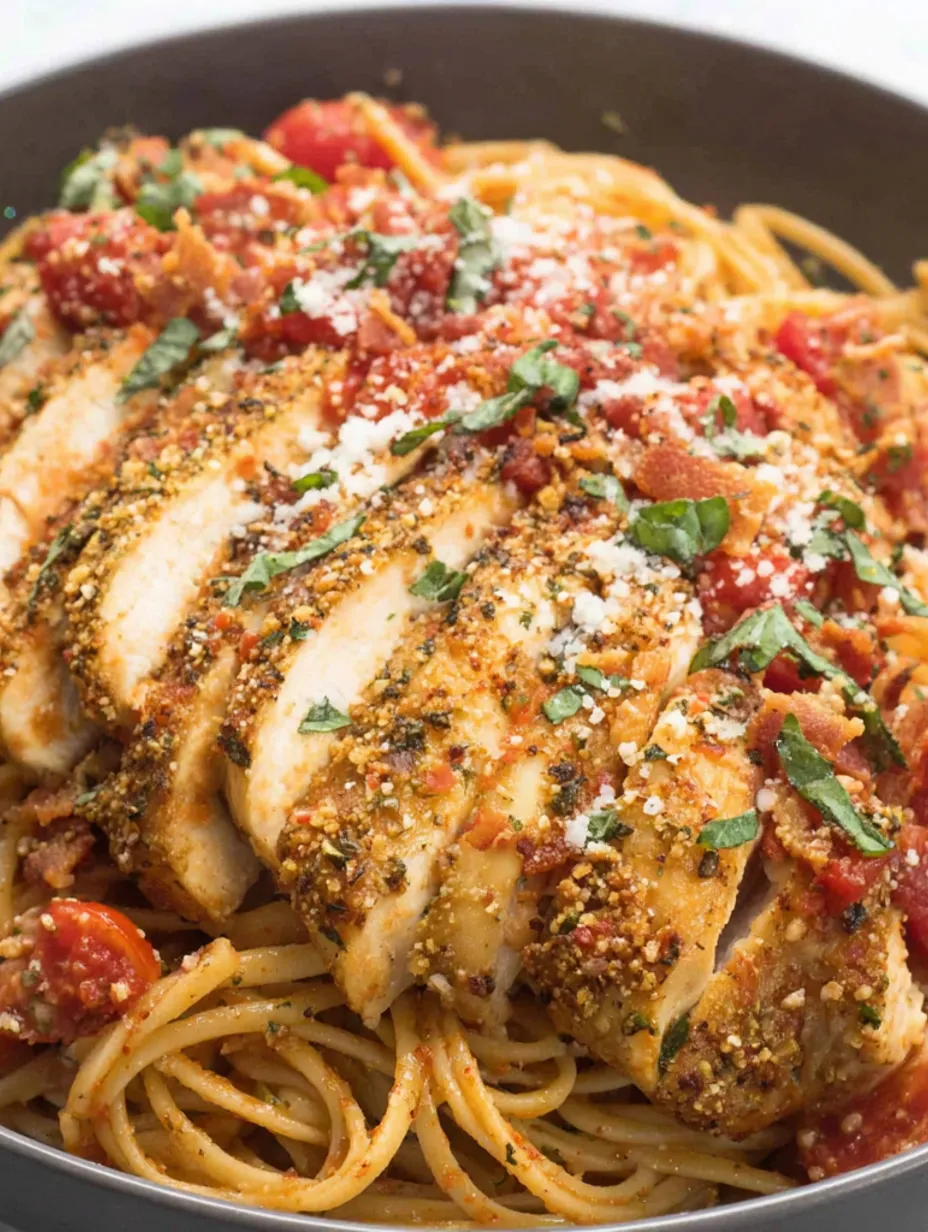 A plate of Parmesan chicken linguini with Sunday sauce.