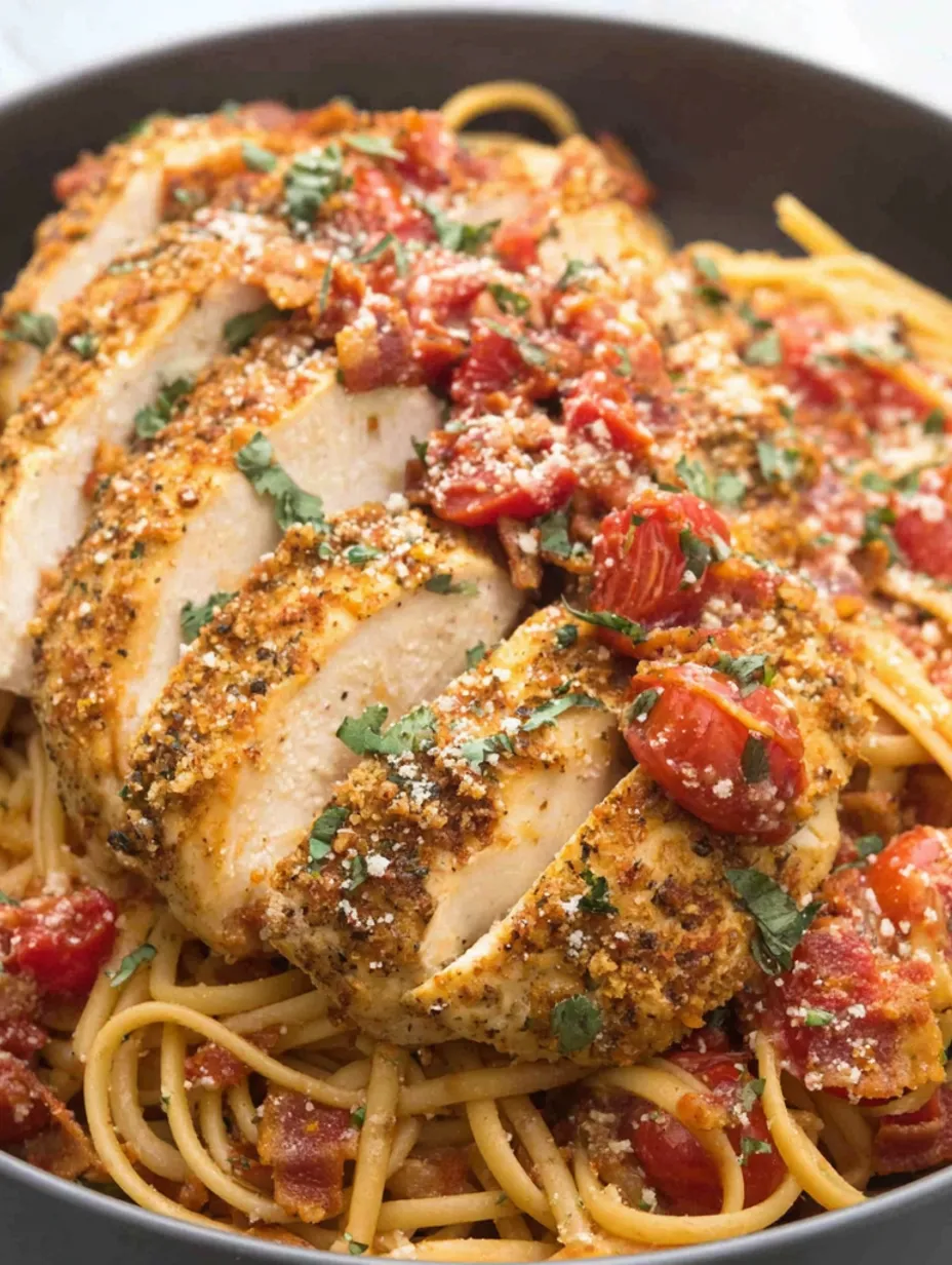 A plate of Parmesan chicken linguini with Sunday sauce.