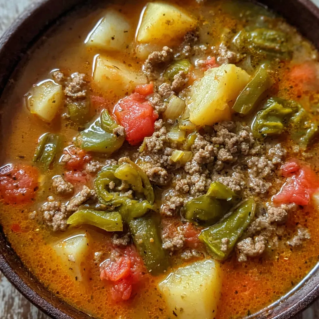 A bowl of stew with meat and vegetables.