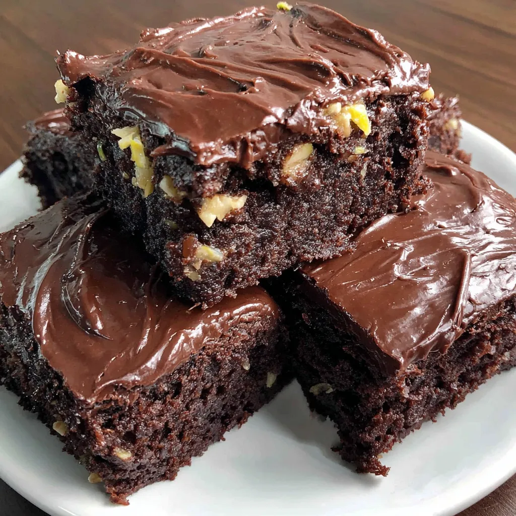 A plate of brownies with chocolate and nuts.