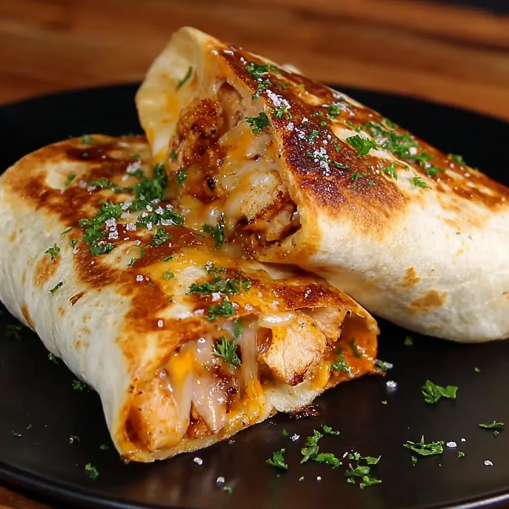 Two cheesy garlic chicken wraps on a plate.