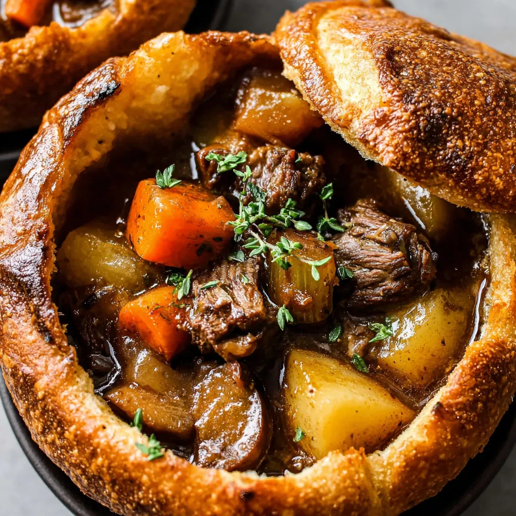 A bowl of beef stew with carrots and herbs.