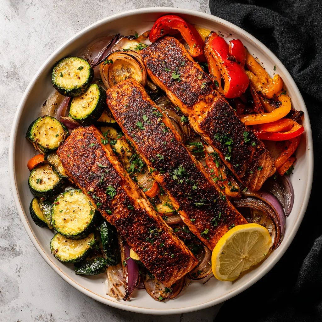 A plate of food with blackened salmon and charred vegetables.