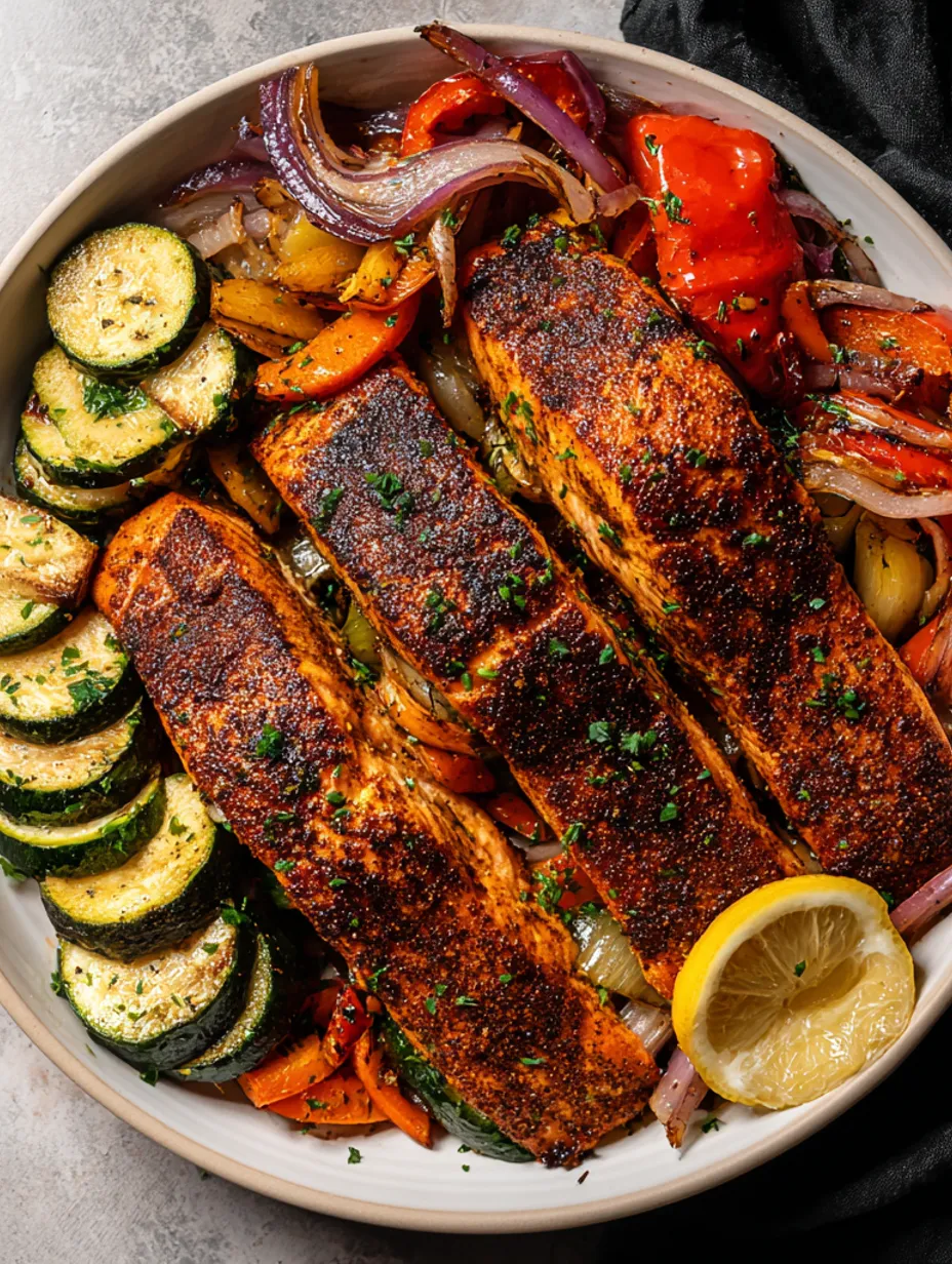 A plate of food with blackened salmon and charred vegetables.