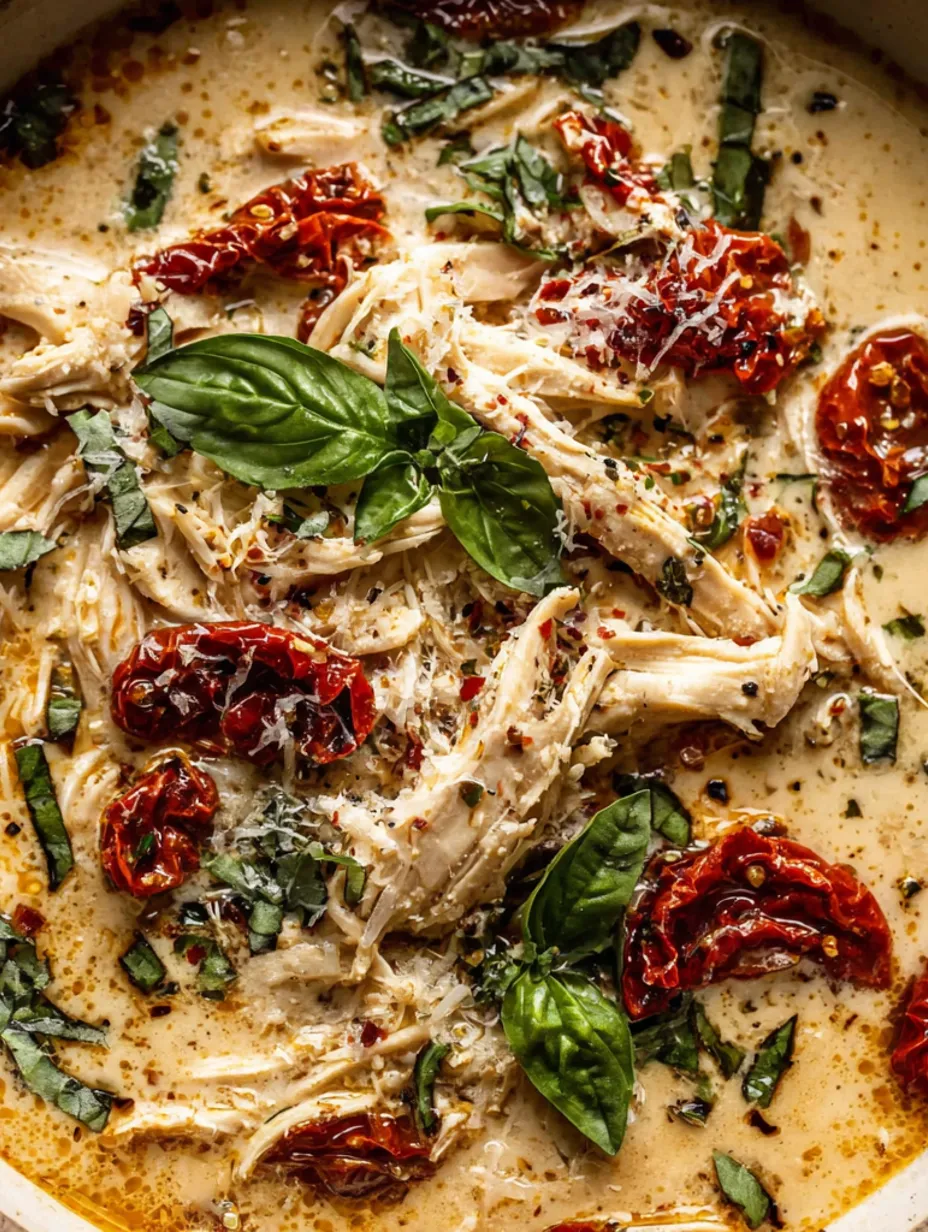 A close up of a bowl of chicken soup with tomatoes and basil.