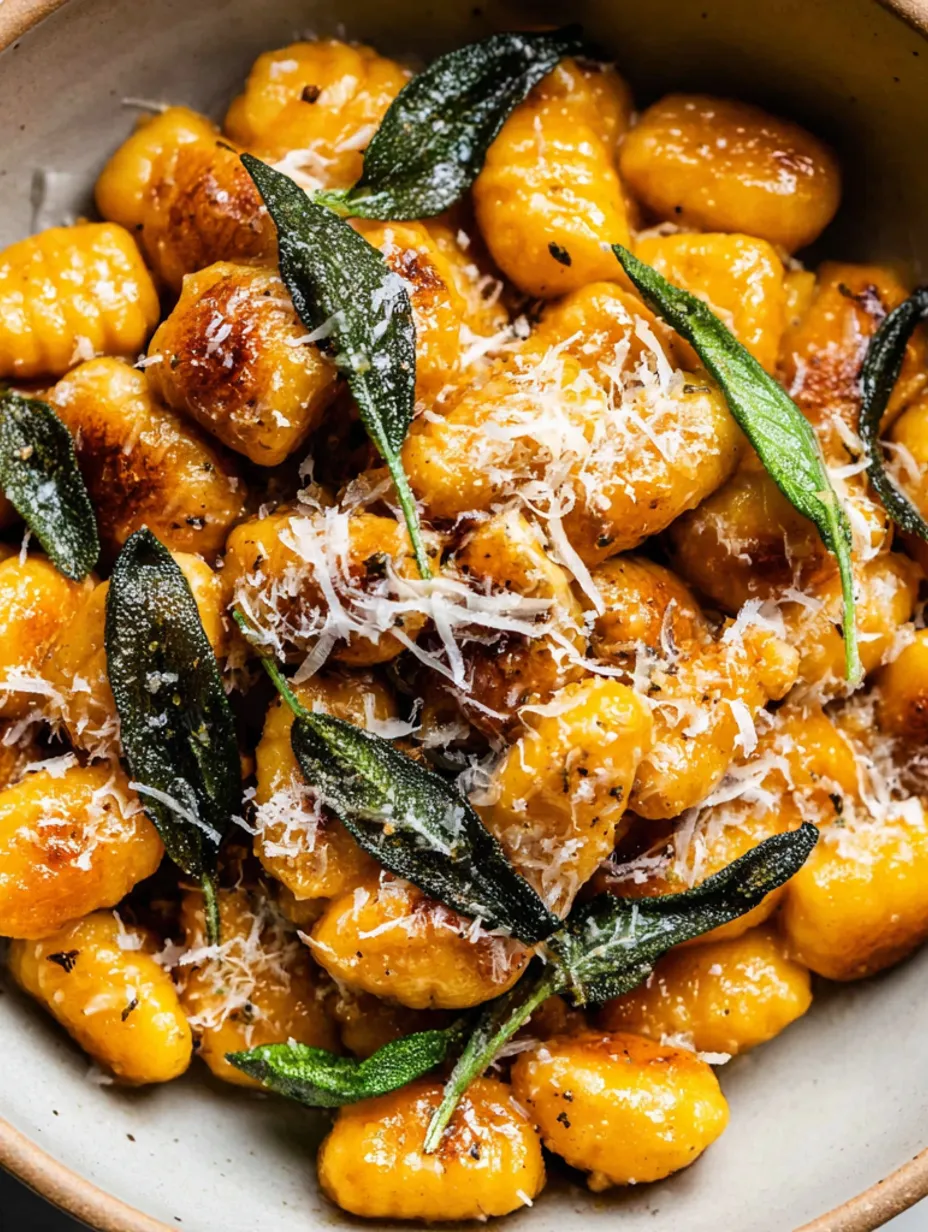 A bowl of gnocchi with sage and brown butter sauce.