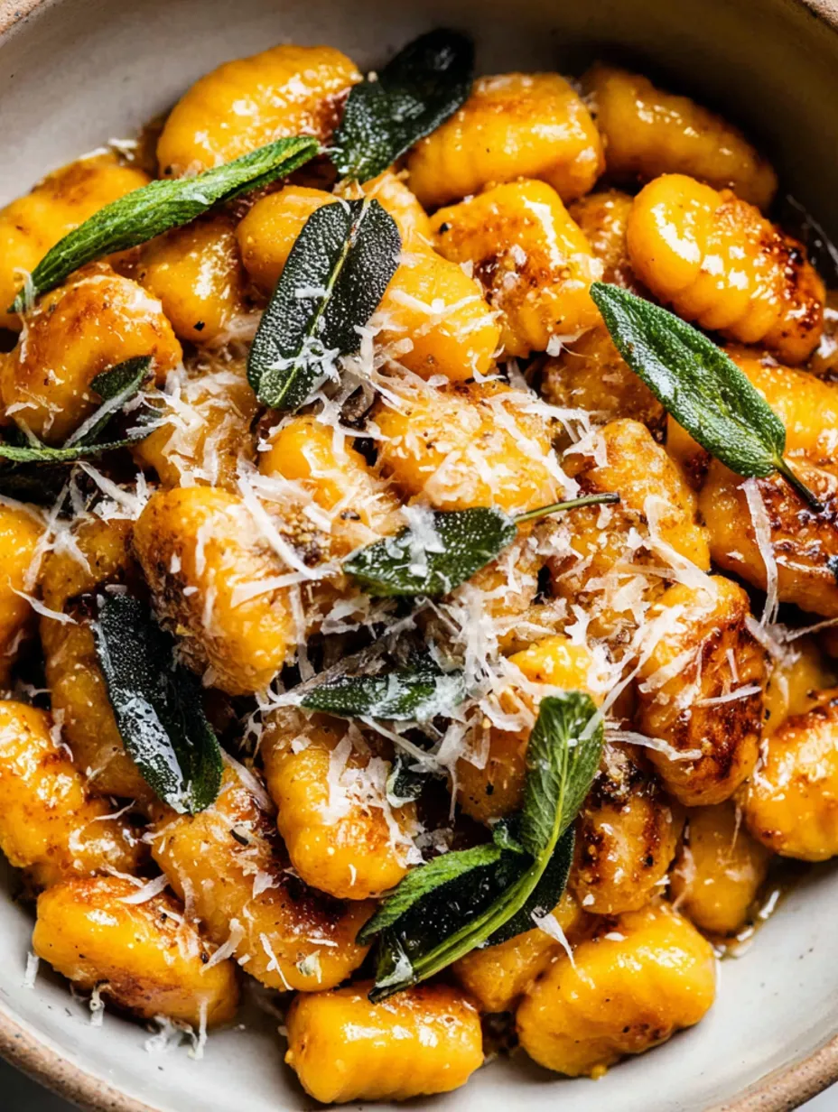 A bowl of pumpkin sage gnocchi in brown butter sauce.