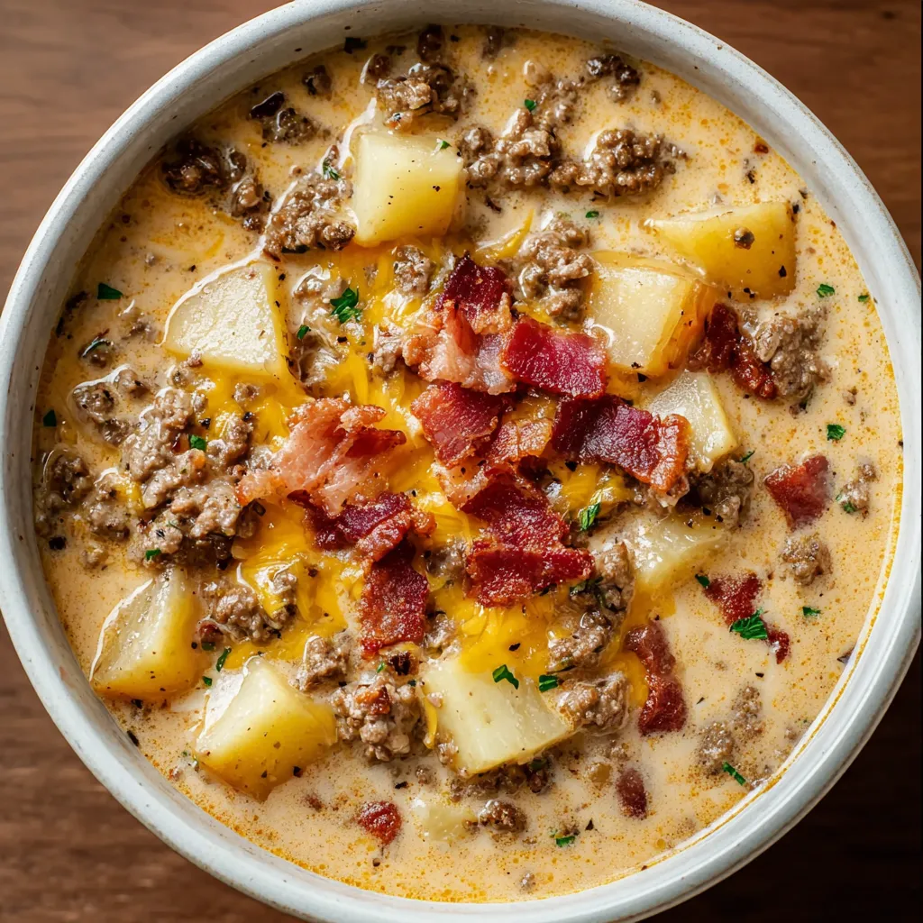 A bowl of soup with bacon and cheese.