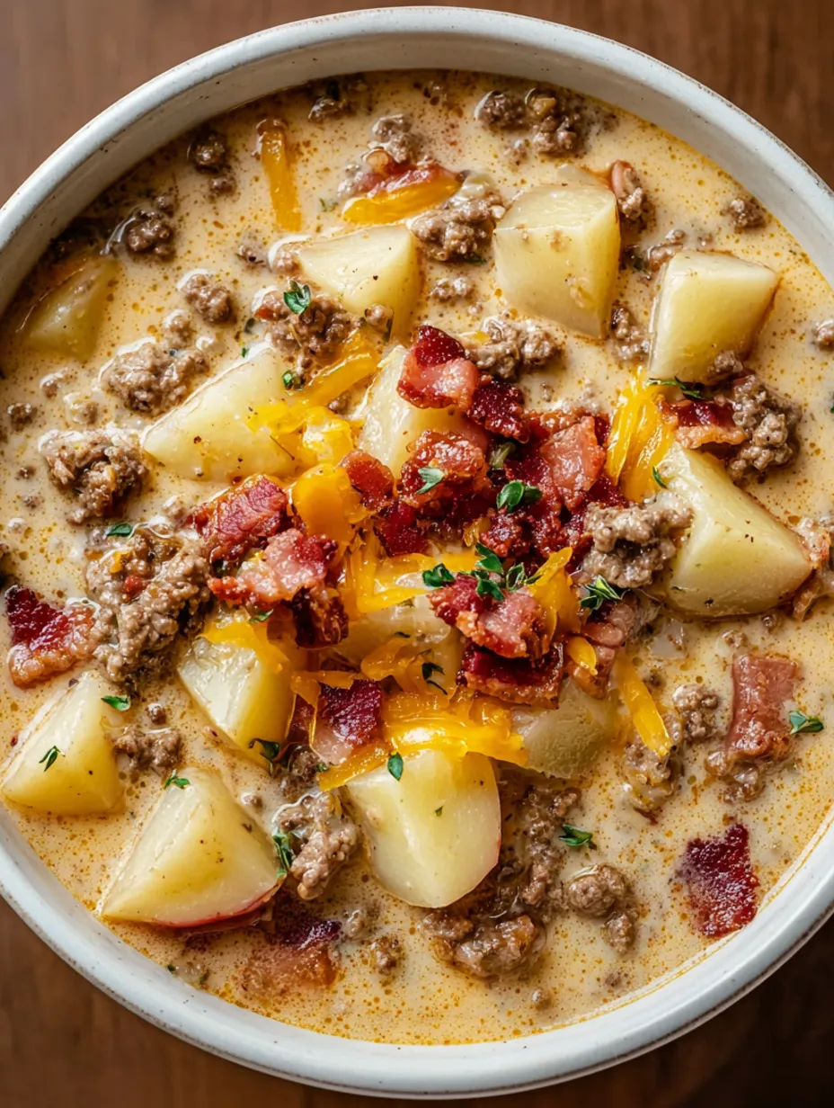 A bowl of soup with bacon and potatoes.