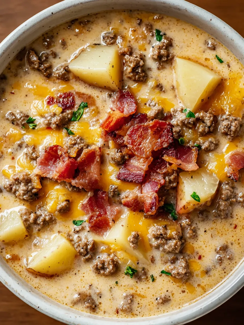 A close up of a crockpot cheeseburger soup.
