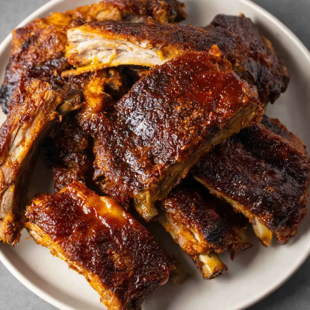 A plate of ribs with sauce.