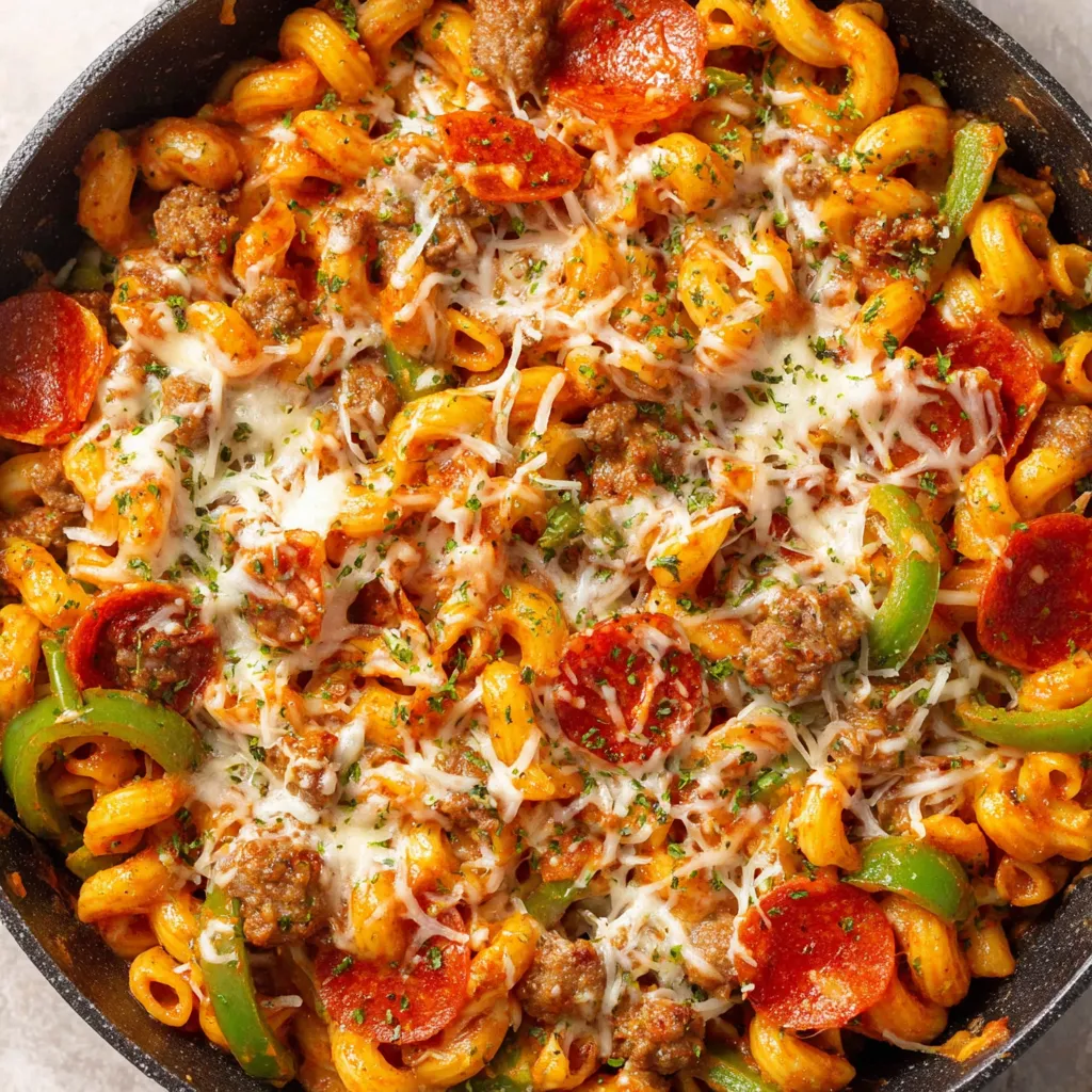 A close up of a one-pot pizza pasta dish.
