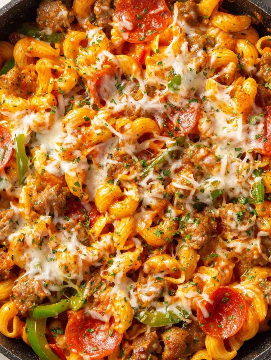 A close up of a delicious one-pot pizza pasta.