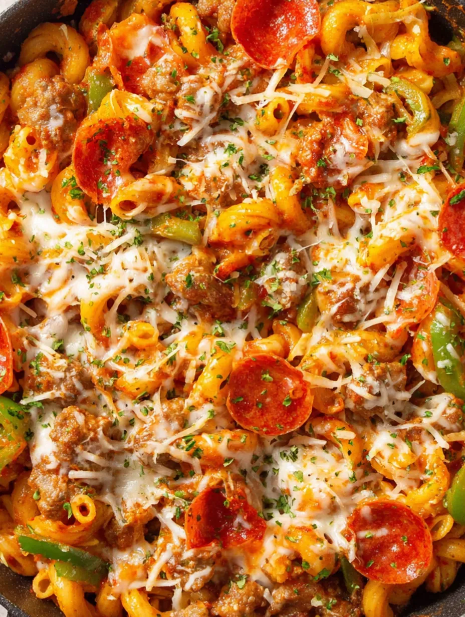 A close up of a delicious one-pot pizza pasta.