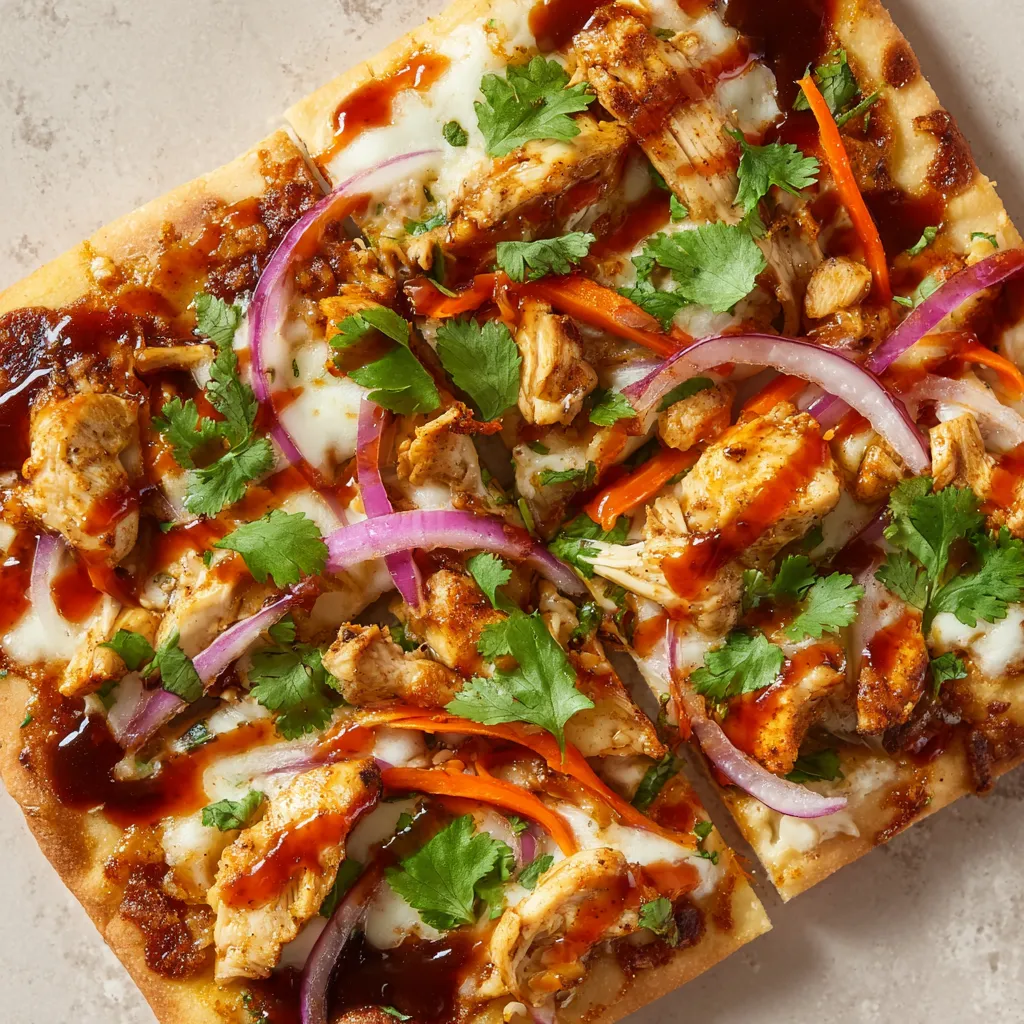 A BBQ chicken flatbread pizza with various toppings.