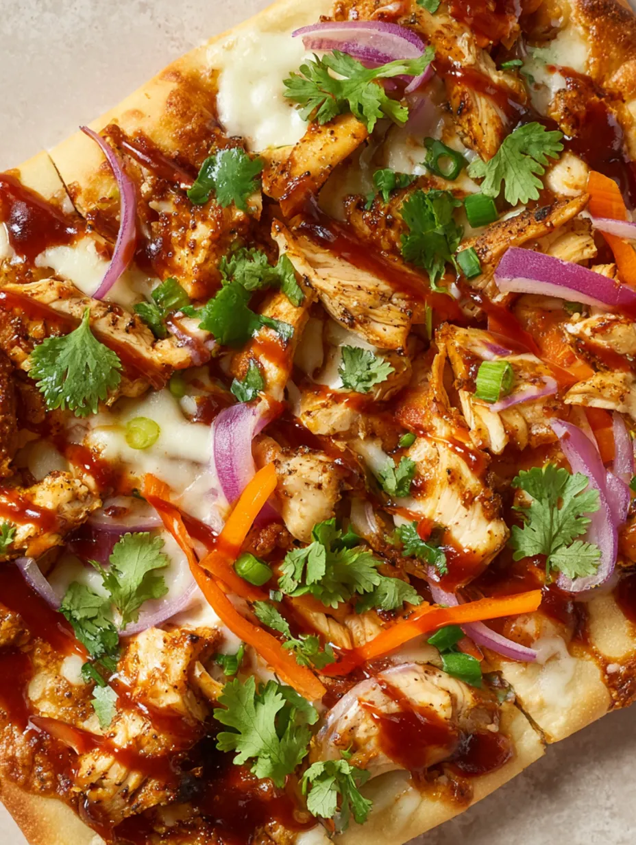 A BBQ chicken flatbread pizza with onions and peppers.