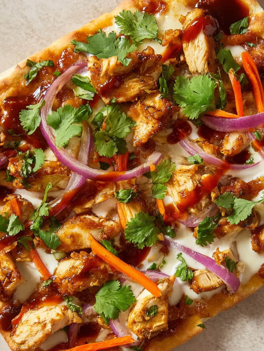A BBQ chicken flatbread pizza with onions and peppers.