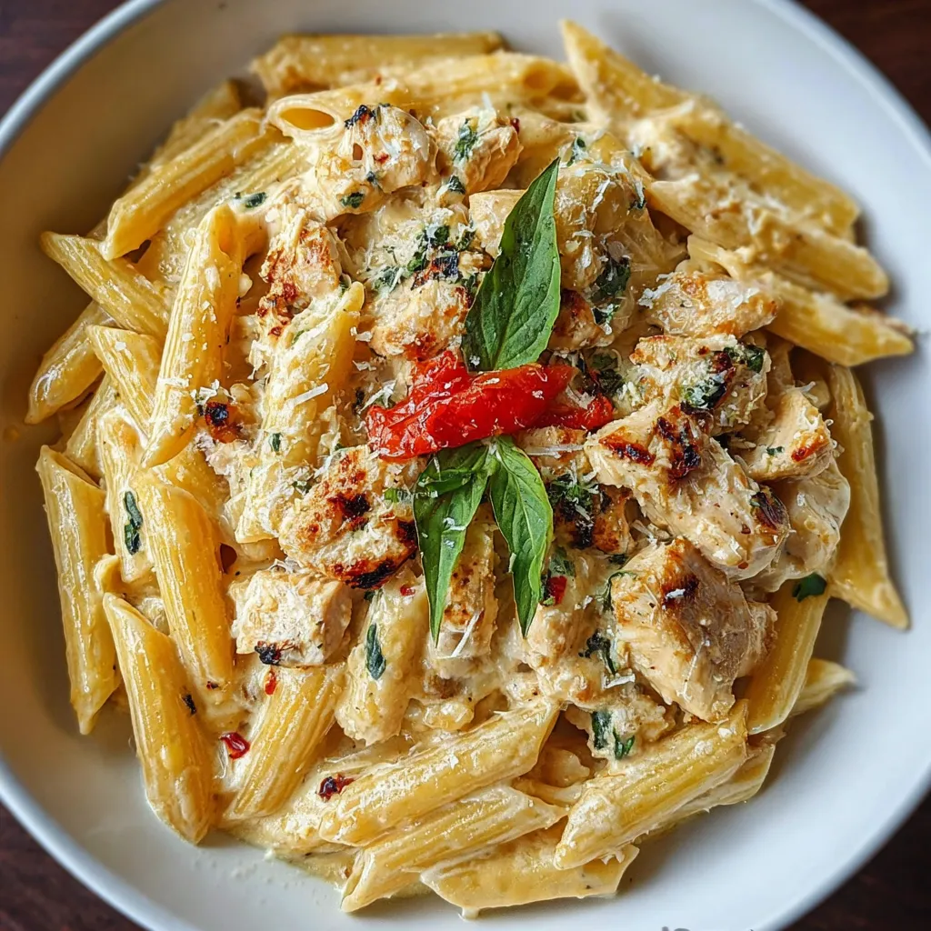 A bowl of pasta with chicken and vegetables.