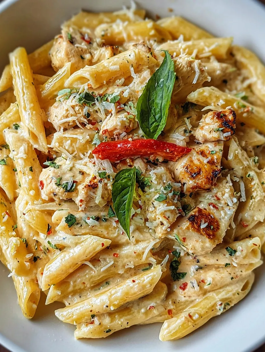 A plate of chicken and pasta with a red pepper on top.