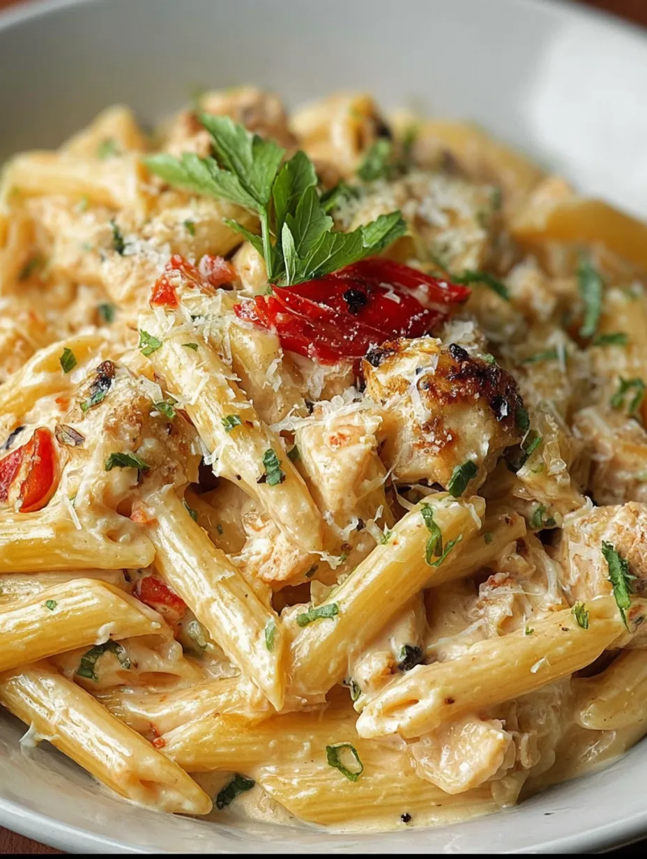 A plate of pasta with chicken and red peppers.