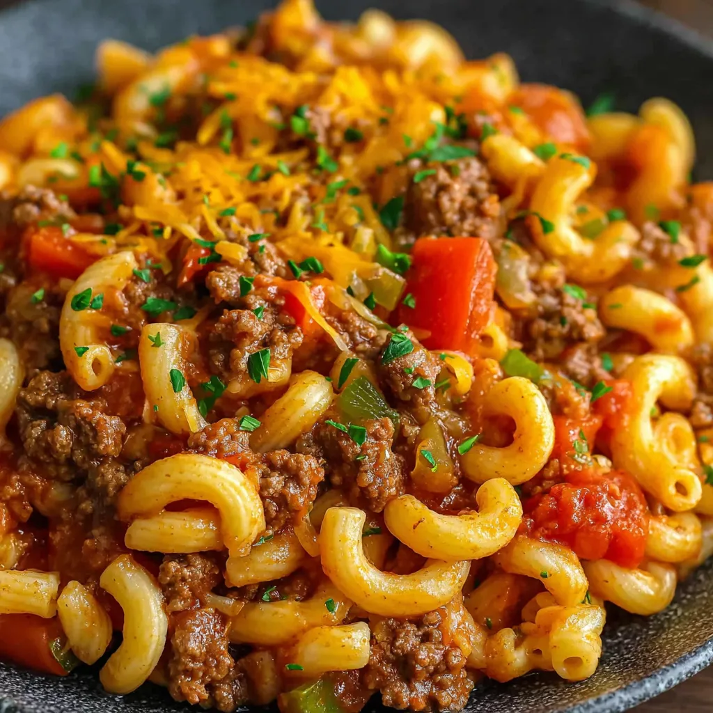 A bowl of old-fashioned goulash with noodles and vegetables.
