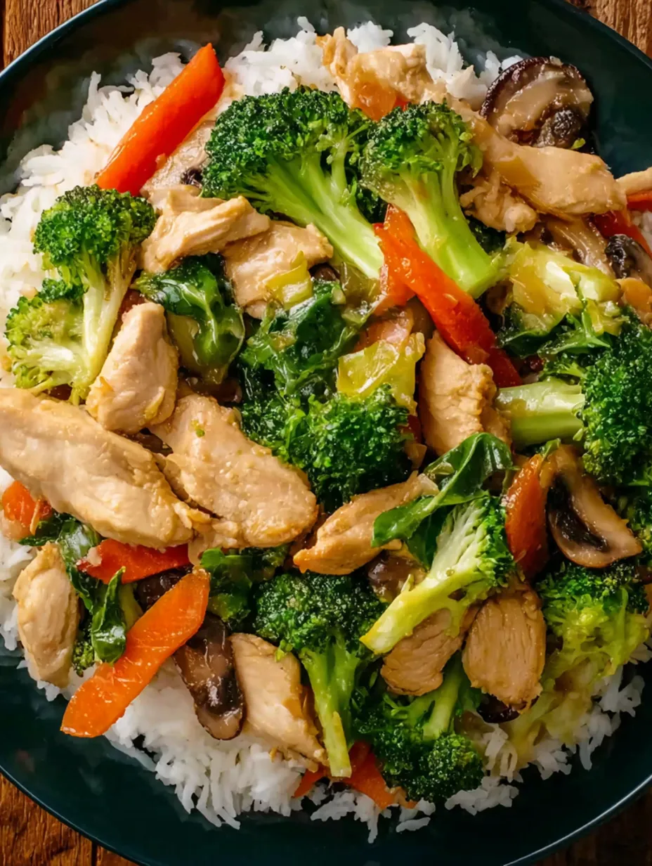A plate of chicken stir-fry with broccoli and carrots.