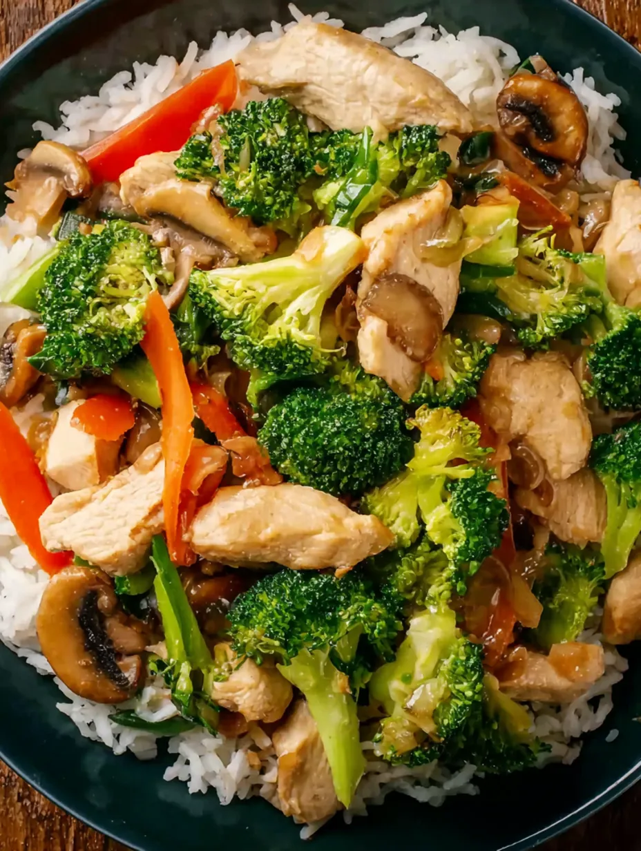 A plate of chicken stir-fry with broccoli and carrots.
