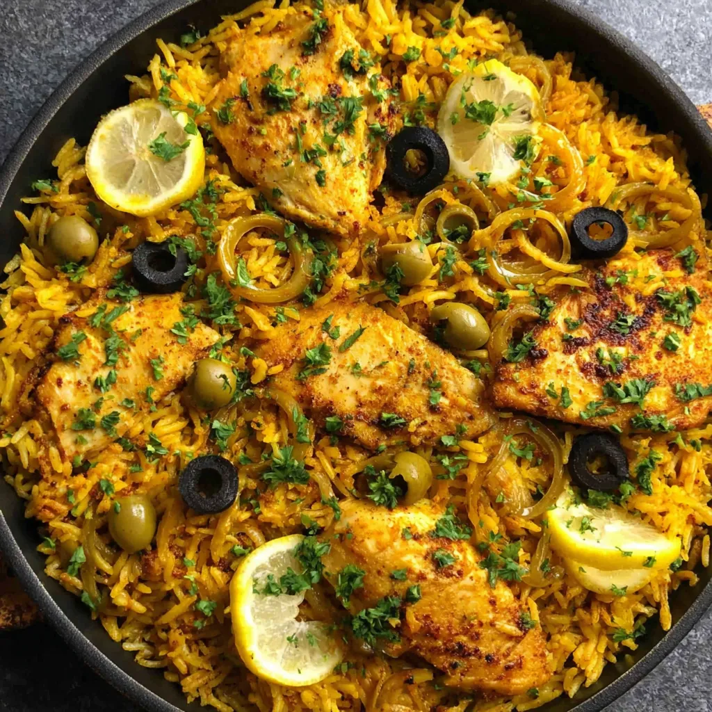 A dish of chicken and rice with a preserved lemon on top.