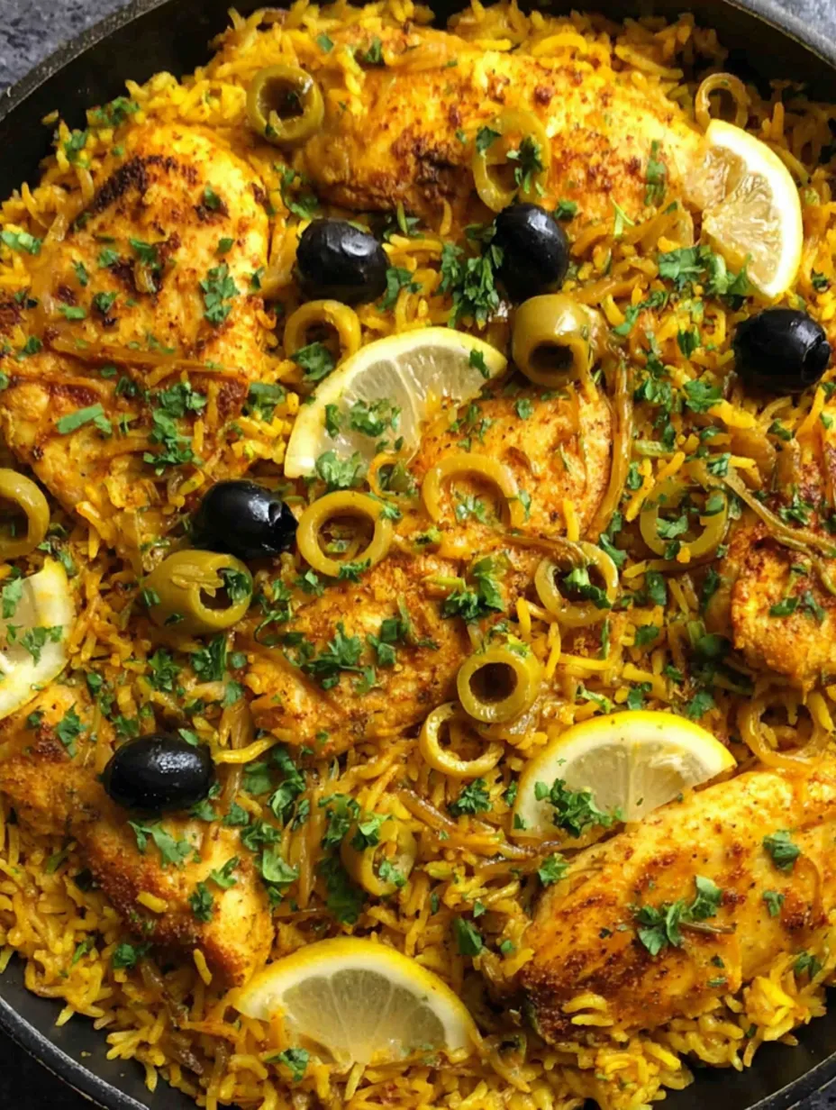 A dish of chicken and rice with olives and lemon.
